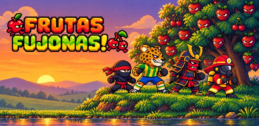 Heróis do Frutas Fujonas embaixo de uma árvore cheia de frutas bravas