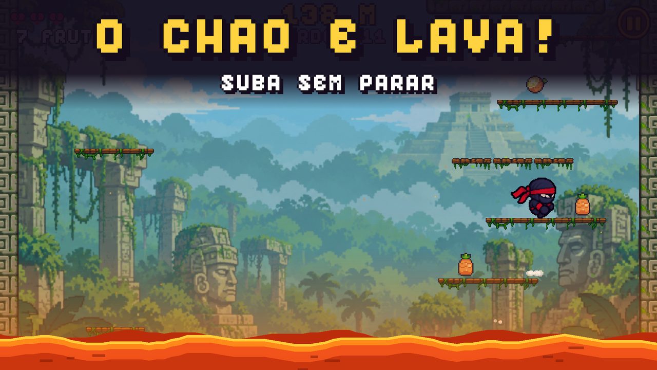 Minijogo O Chão é Lava: ninja subindo plataformas na selva com a lava logo abaixo