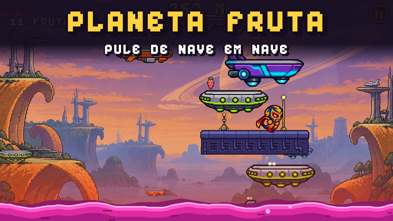 Minijogo Planeta Fruta: herói pulando entre naves voadoras sobre lava rosa