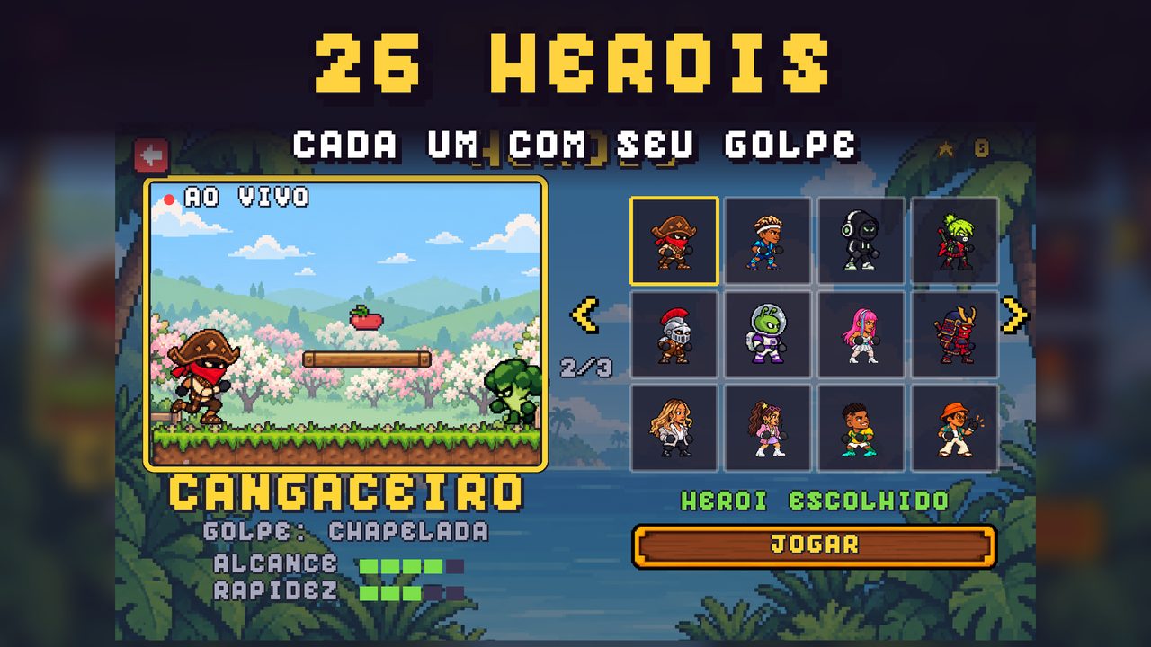 Tela de escolha entre os 26 heróis