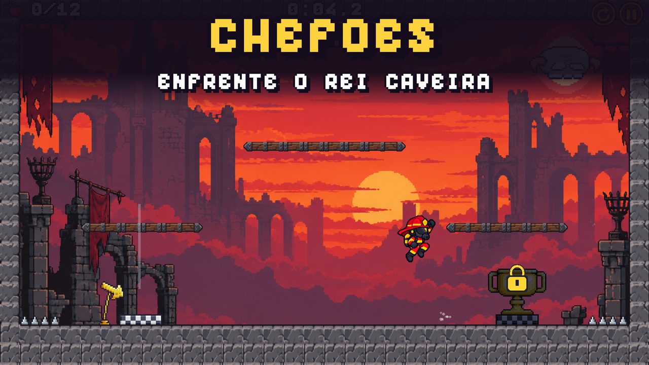 Luta contra o chefão Rei Caveira num castelo ao pôr do sol
