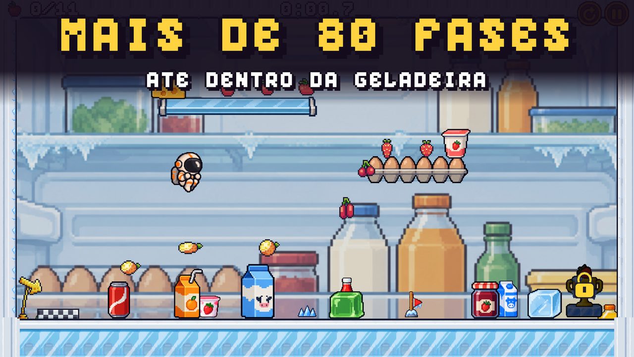 Fase dentro da geladeira, pulando em caixas de leite e potes
